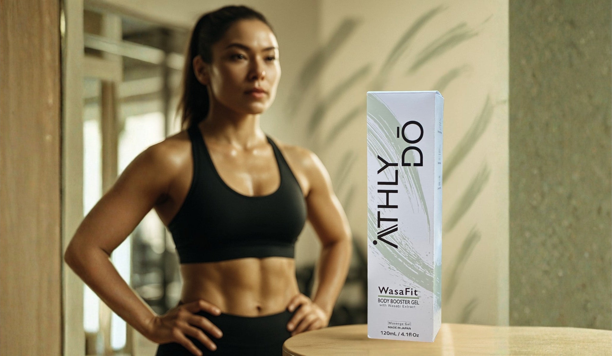 Woman in athletic wear with ATHLYDŌ  WasaFit body cream on a table.
